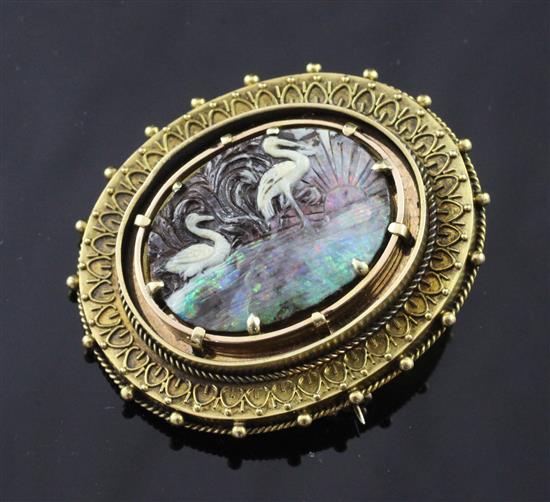 A Victorian gold and black opal pendant locket brooch, 1.75in.